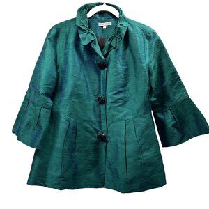 Patty Kim 100% Silk Jacket Size Small Teal Blue Green 3/4 Sleeves Lined Fairy
